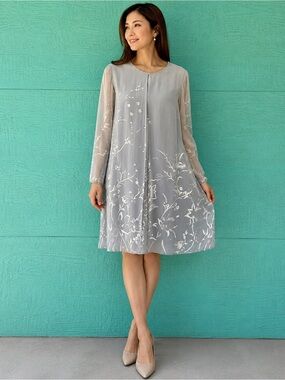 SILK VINTAGE OVERLAY OMBRÉ GRAY SILVER  PRINT DRESS SIZE 8 KAY UNGER LUXURY